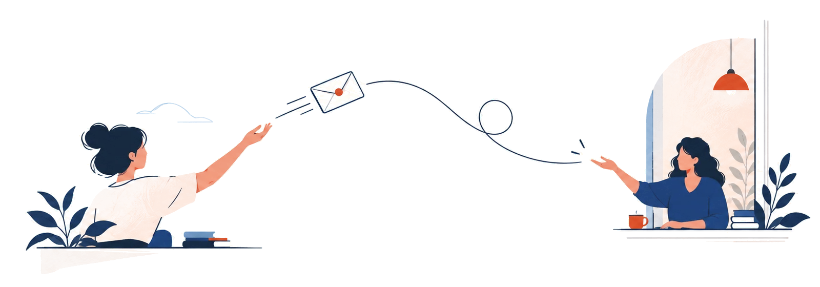 One person sends a letter along a looping line to another person waiting at a window